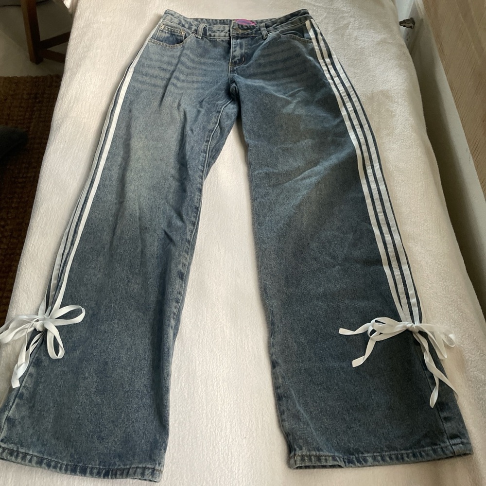 Edikted Blue Flare Jeans with White Accents